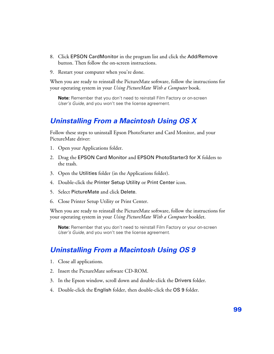 Uninstalling from a macintosh using os x, Uninstalling from a macintosh using os 9, Uninstalling from a macintosh using os x 99 | Uninstalling from a macintosh using os 9 99 | Epson PictureMate User Manual | Page 100 / 126