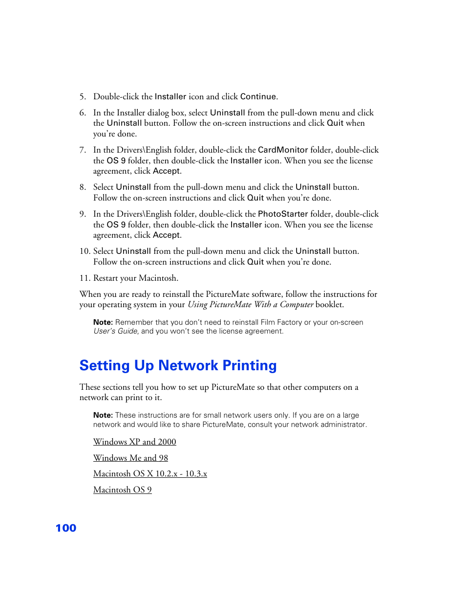 Setting up network printing, Setting up network printing 100, Ee setting up network printing | Epson PictureMate User Manual | Page 101 / 126