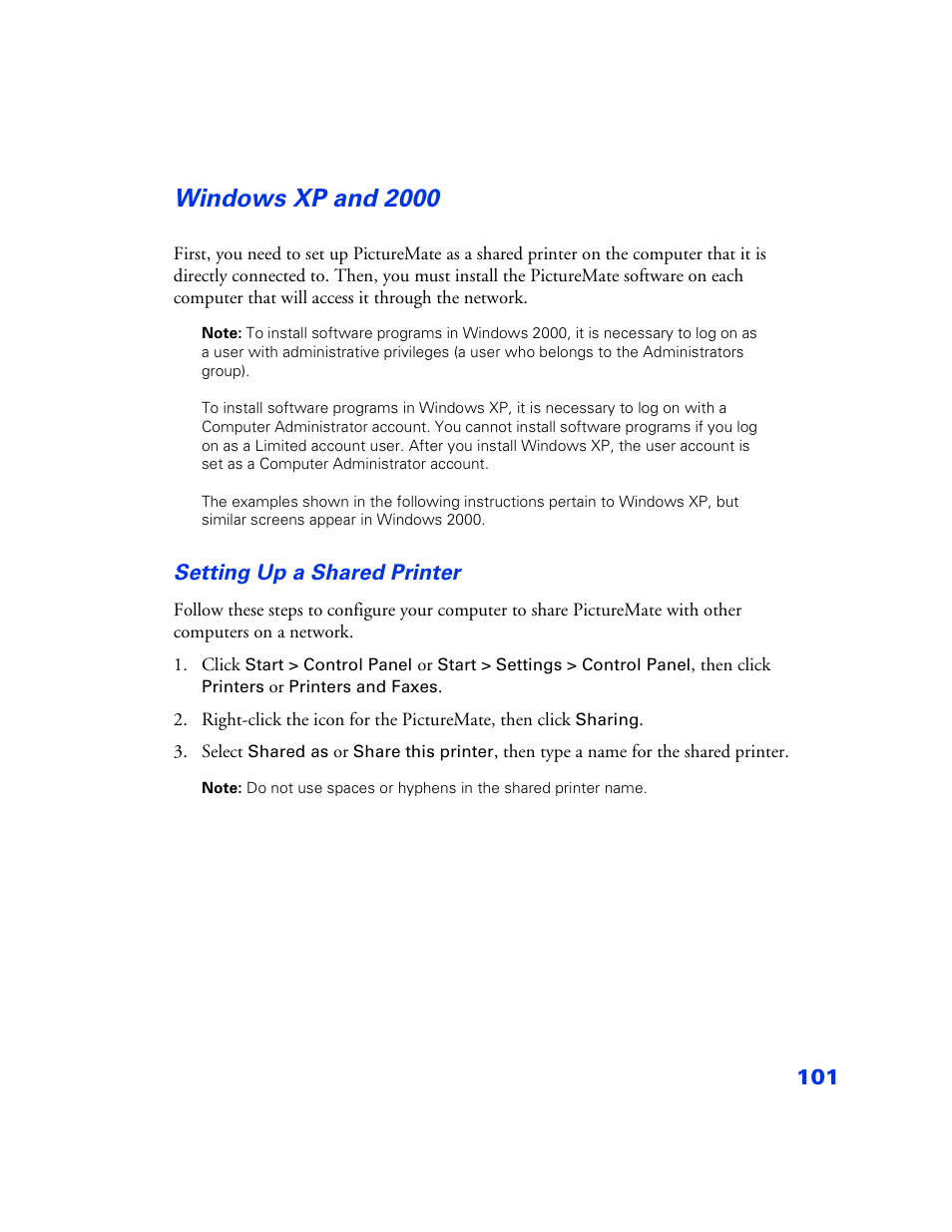 Windowsxp and 2000, Windows xp and 2000 101, Windows xp and 2000 | Epson PictureMate User Manual | Page 102 / 126