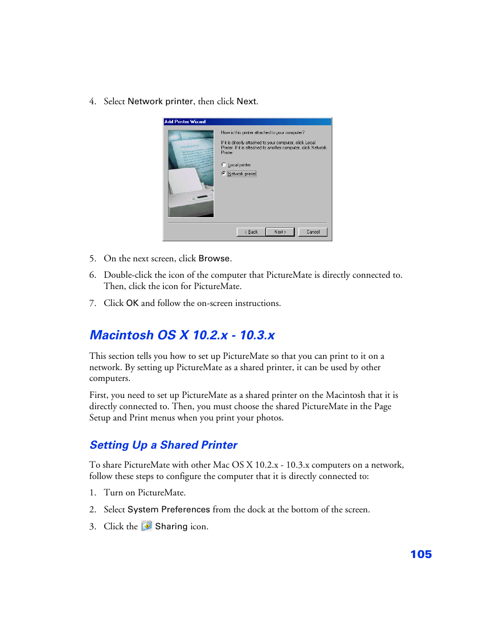 Macintosh os x 10.2.x - 10.3.x, Macintosh os x 10.2.x - 10.3.x 105 | Epson PictureMate User Manual | Page 106 / 126