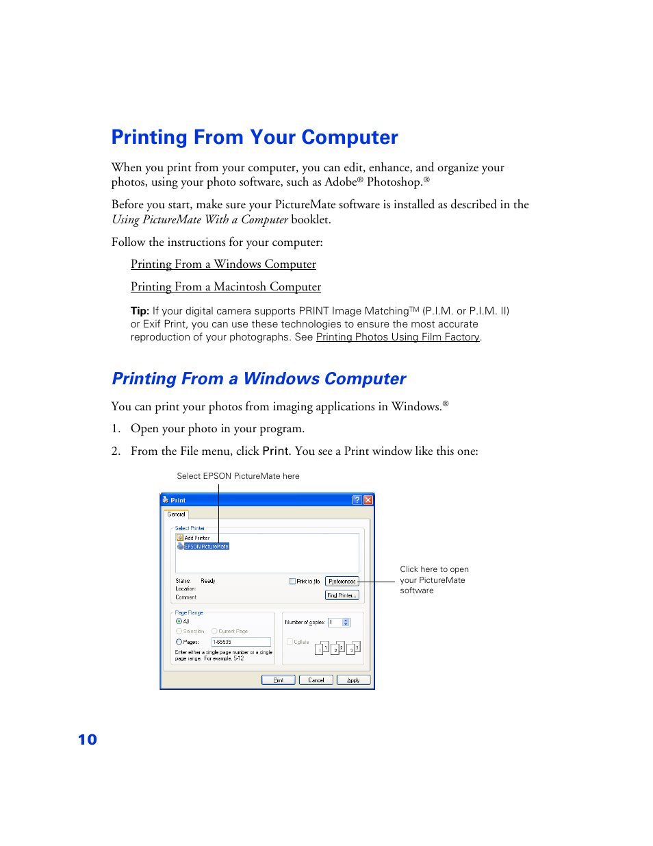 Printing from your computer, Printing from a windows computer, Printing from your computer 10 | Printing from a windows computer 10 | Epson PictureMate User Manual | Page 11 / 126