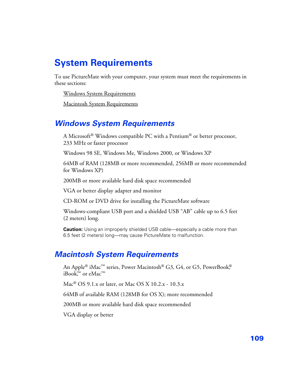 System requirements, Windows system requirements, Macintosh system requirements | System requirements 109, Windows system requirements 109, Macintosh system requirements 109, In system requirements | Epson PictureMate User Manual | Page 110 / 126