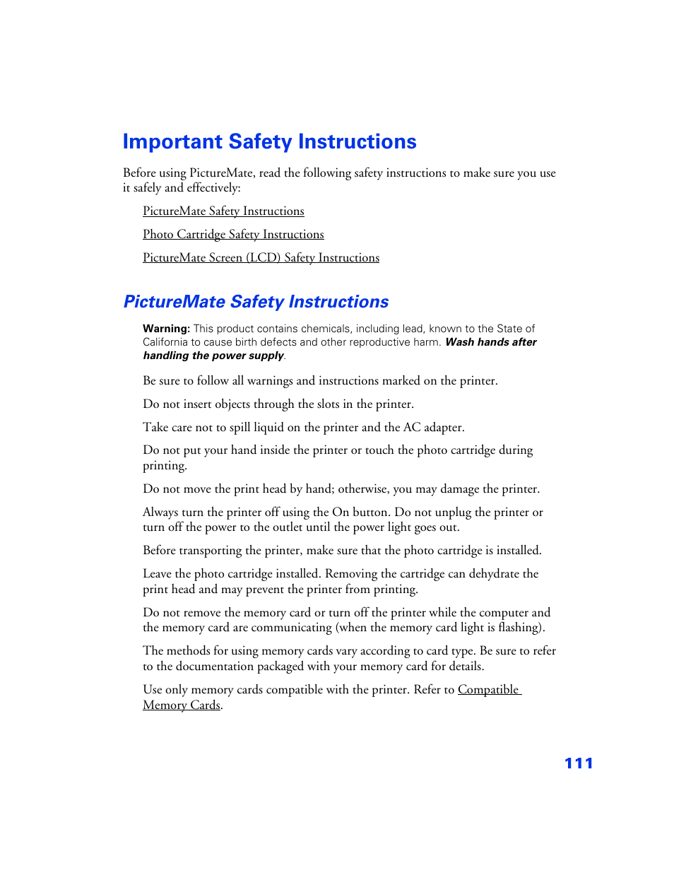 Important safety instructions, Picturemate safety instructions, Important safety instructions 111 | Picturemate safety instructions 111 | Epson PictureMate User Manual | Page 112 / 126