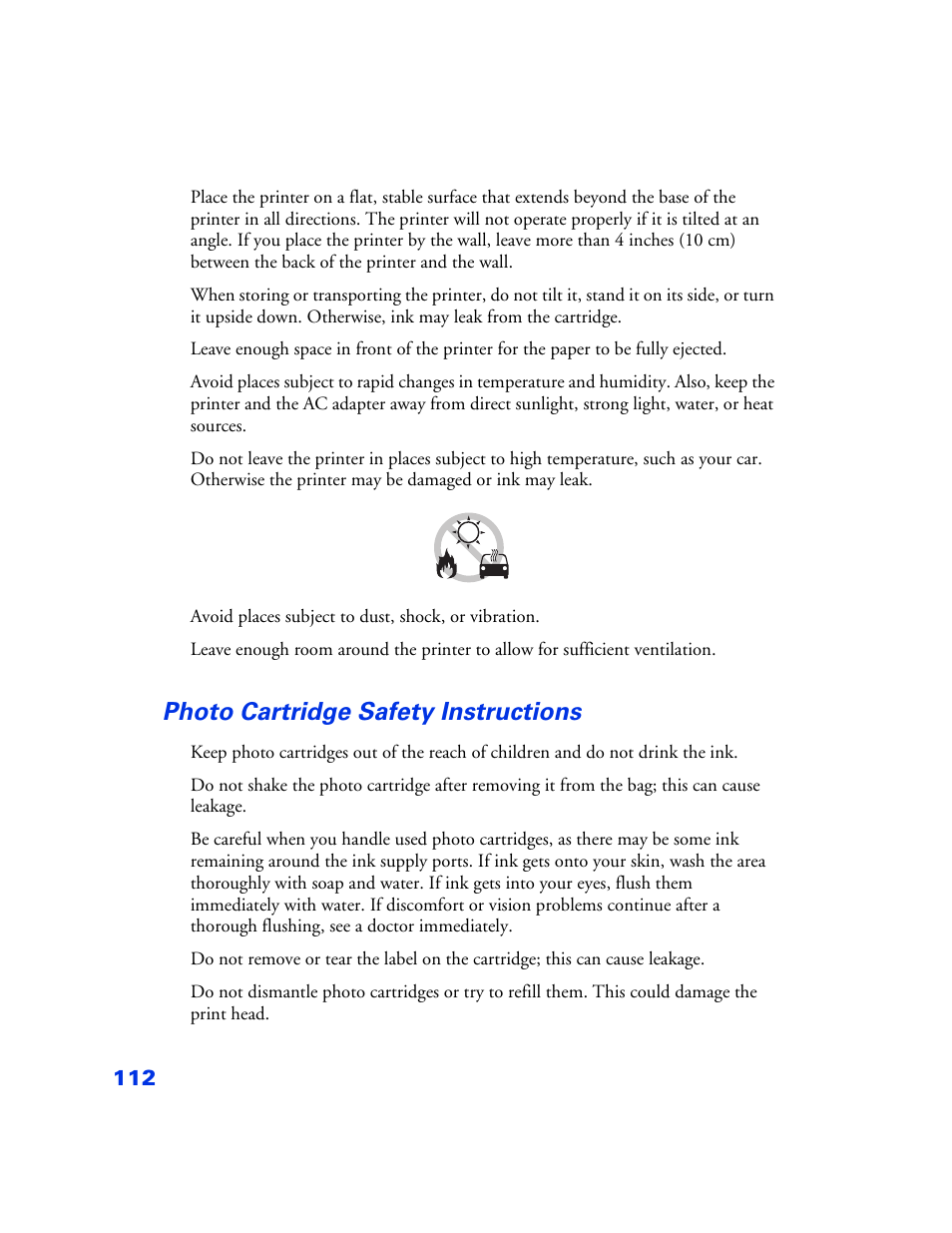 Photo cartridge safety instructions, Photo cartridge safety instructions 112 | Epson PictureMate User Manual | Page 113 / 126