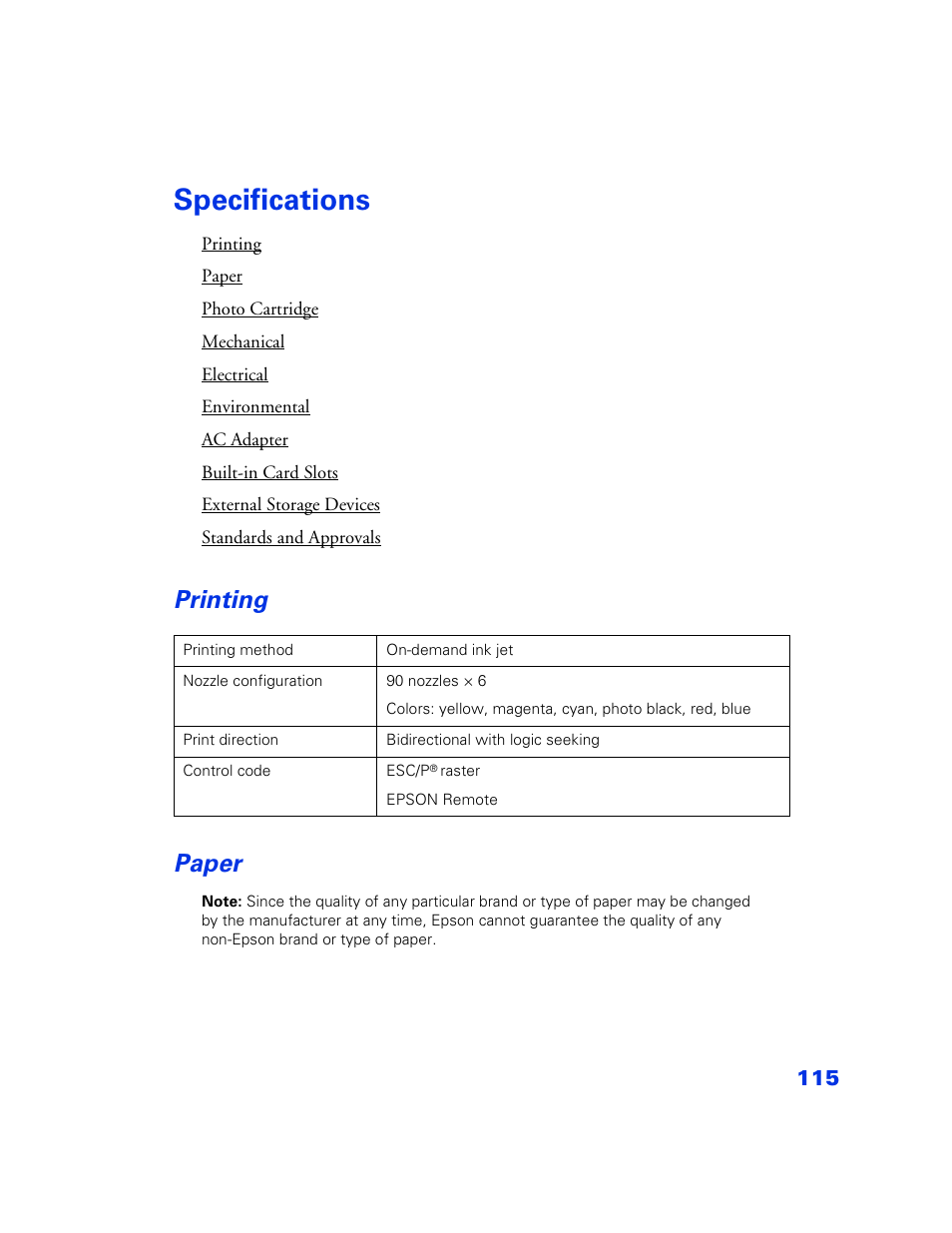 Specifications, Printing, Paper | Specifications 115, Printing 115, Paper 115, Printing paper | Epson PictureMate User Manual | Page 116 / 126