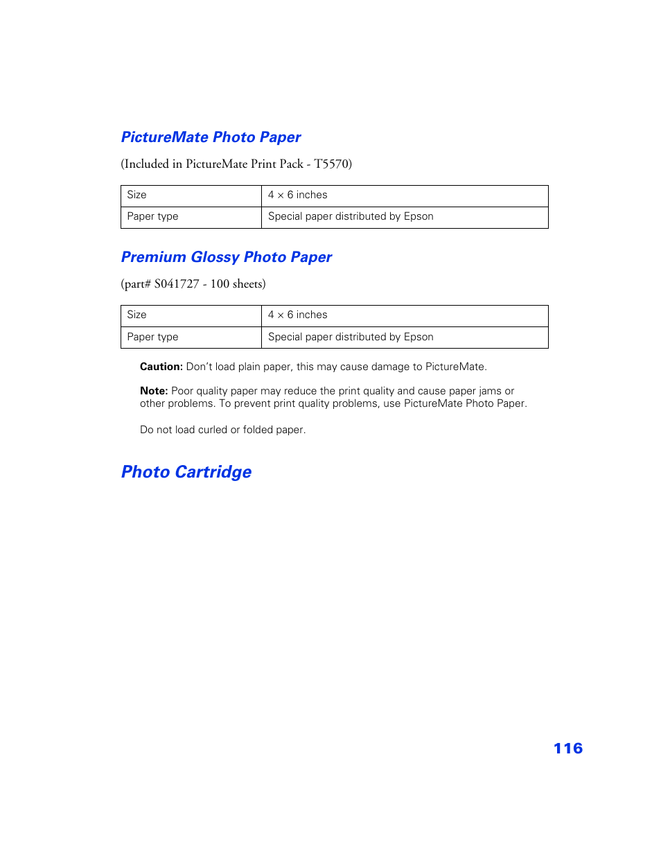 Photo cartridge, Photo cartridge 116, 116 picturemate photo paper | Premium glossy photo paper | Epson PictureMate User Manual | Page 117 / 126