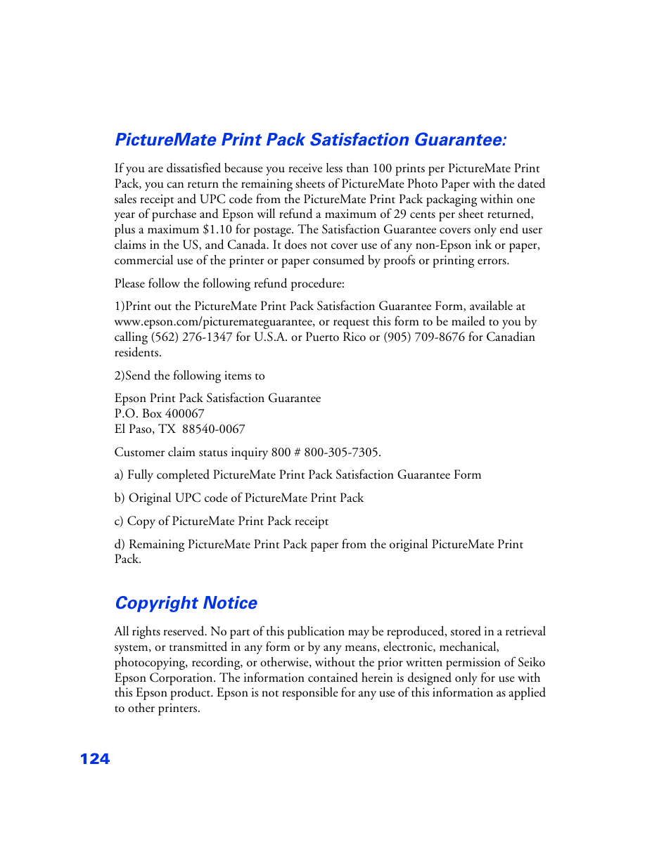 Picturemate print pack satisfaction guarantee, Copyright notice, Picturemate print pack satisfaction guarantee: 124 | Copyright notice 124 | Epson PictureMate User Manual | Page 125 / 126