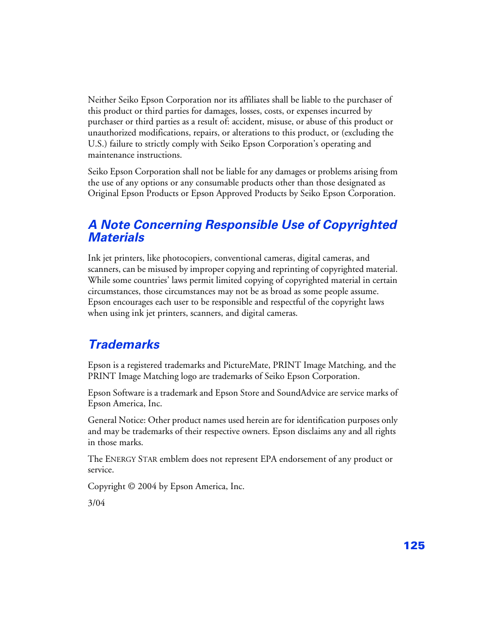 Trademarks, Trademarks 125 | Epson PictureMate User Manual | Page 126 / 126
