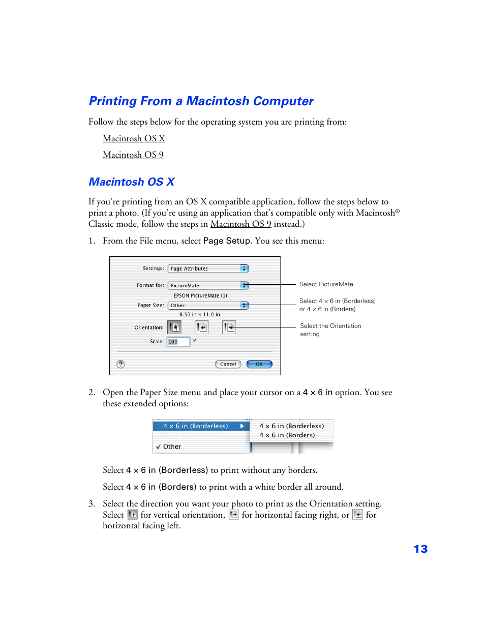 Printing from a macintosh computer, Printing from a macintosh computer 13, Macintosh os x | Epson PictureMate User Manual | Page 14 / 126