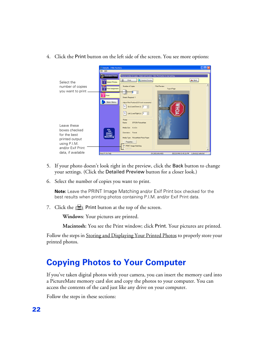 Copying photos to your computer, Copying photos to your computer 22 | Epson PictureMate User Manual | Page 23 / 126