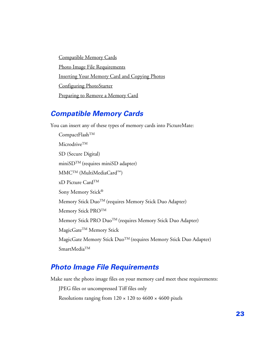 Compatible memory cards, Photo image file requirements, Compatible memory cards 23 | Photo image file requirements 23 | Epson PictureMate User Manual | Page 24 / 126