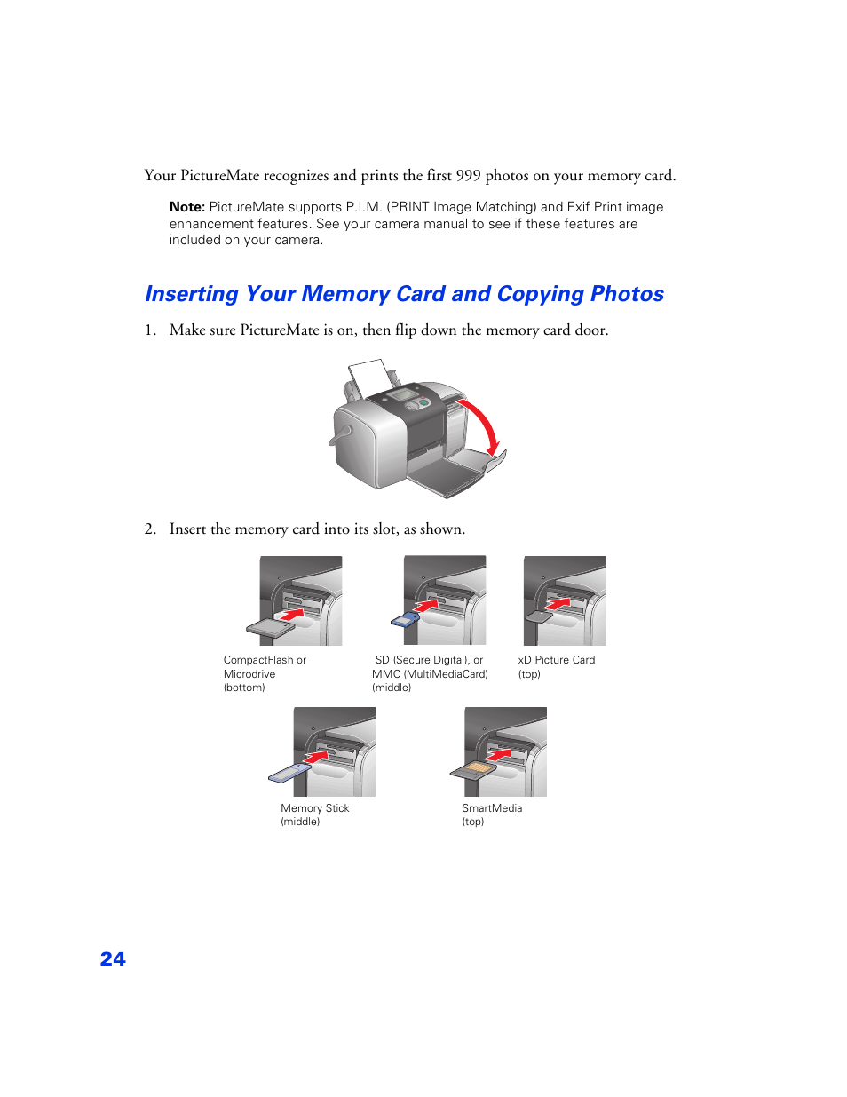 Inserting your memory card and copying photos, Inserting your memory card and copying photos 24 | Epson PictureMate User Manual | Page 25 / 126