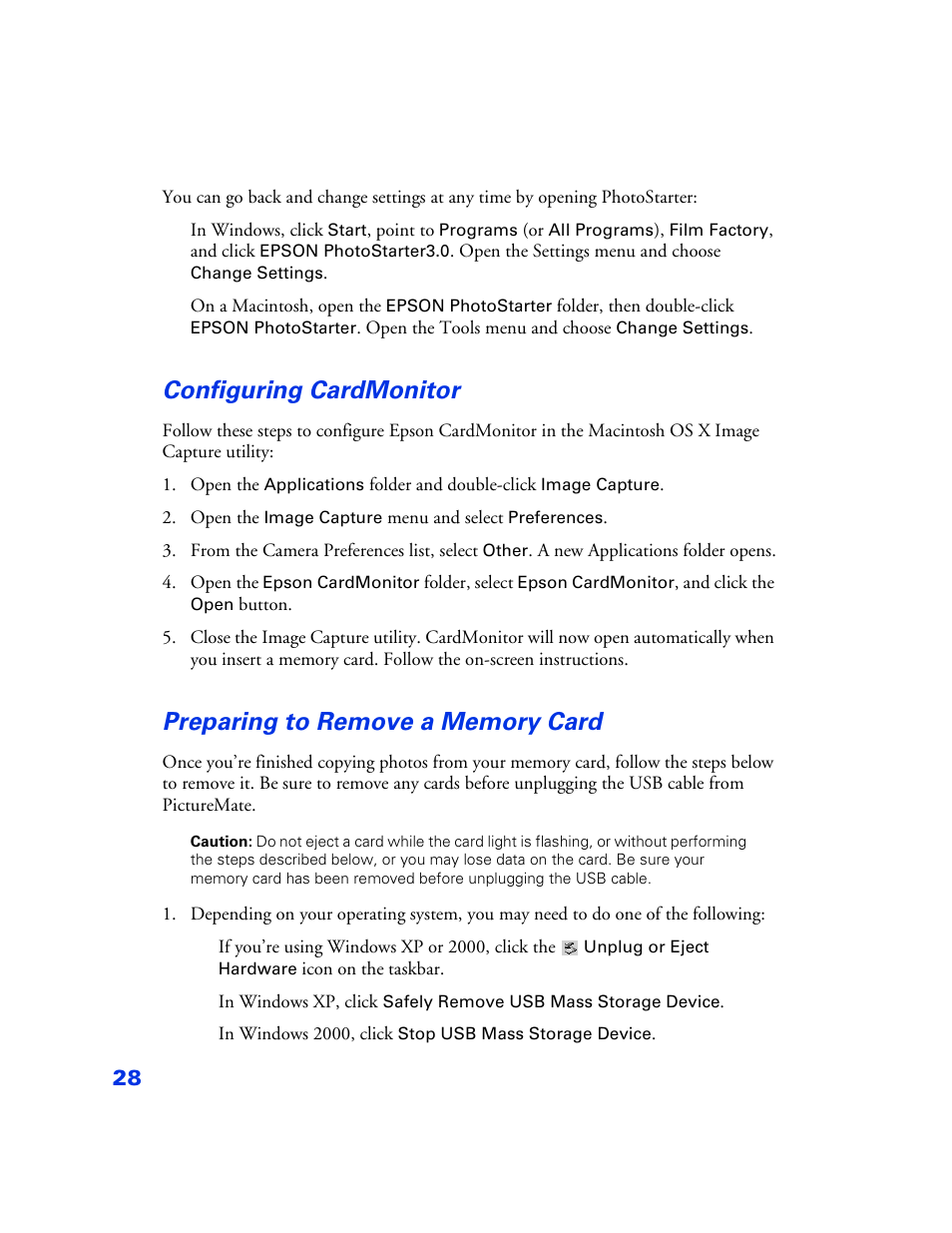 Configuring cardmonitor, Preparing to remove a memory card, Configuring cardmonitor 28 | Preparing to remove a memory card 28 | Epson PictureMate User Manual | Page 29 / 126