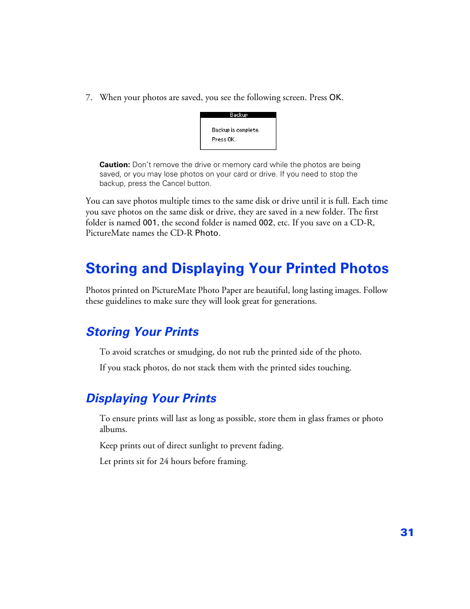 Storing and displaying your printed photos, Storing your prints, Displaying your prints | Storing and displaying your printed photos 31, Storing your prints 31, Displaying your prints 31 | Epson PictureMate User Manual | Page 32 / 126