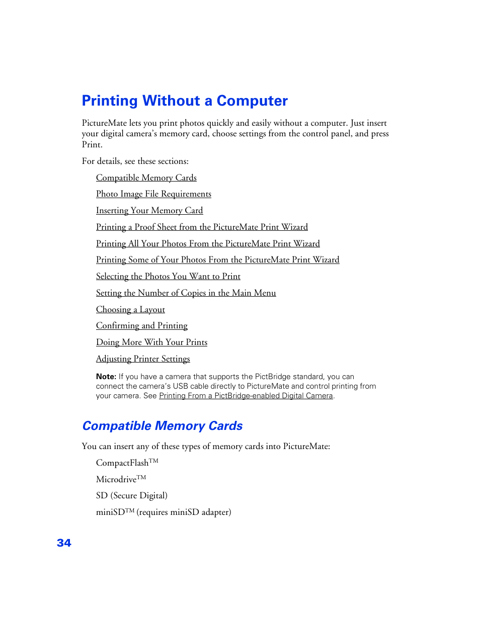 Printing without a computer, Compatible memory cards, Printing without a computer 34 | Compatible memory cards 34 | Epson PictureMate User Manual | Page 35 / 126