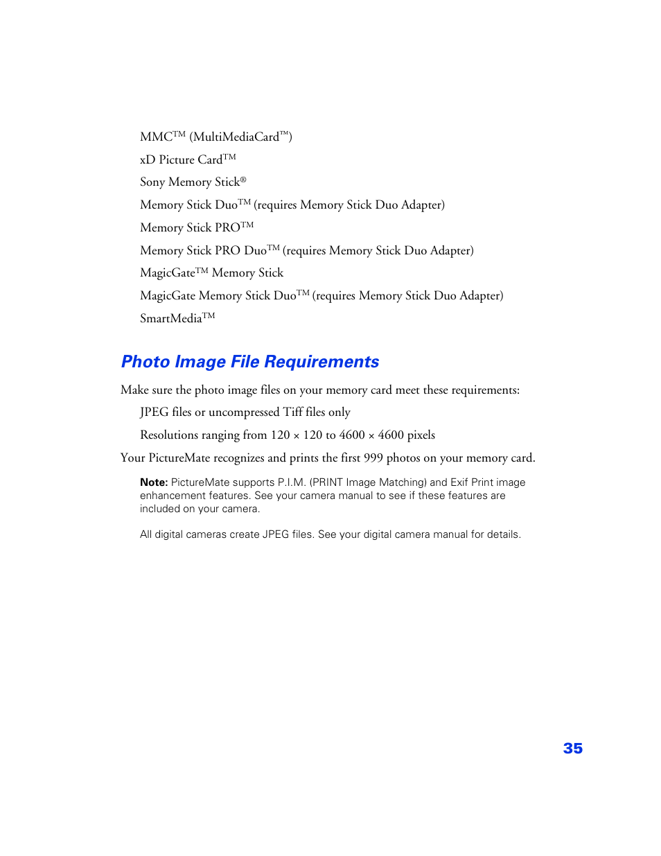 Photo image file requirements, Photo image file requirements 35 | Epson PictureMate User Manual | Page 36 / 126