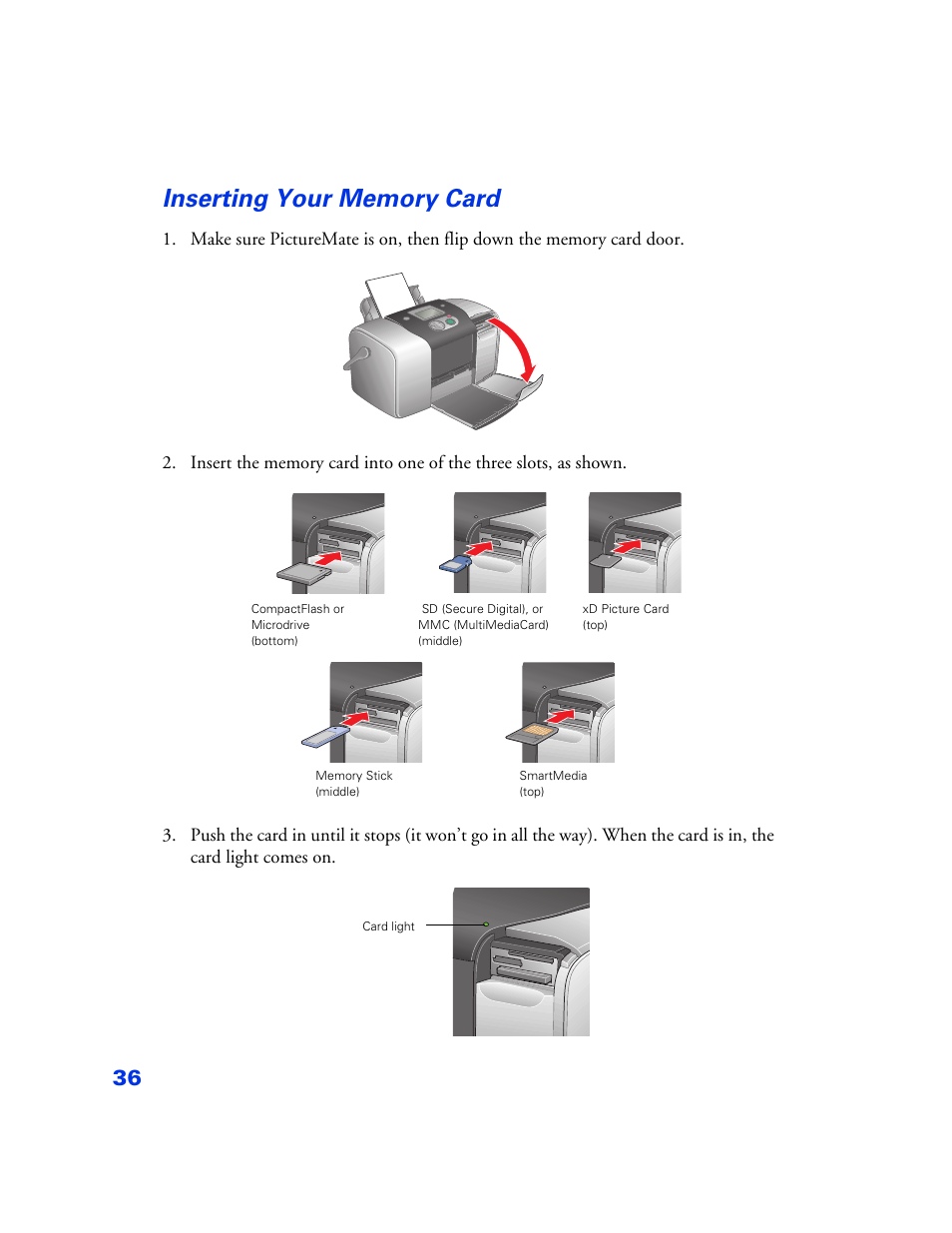 Inserting your memory card, Inserting your memory card 36 | Epson PictureMate User Manual | Page 37 / 126