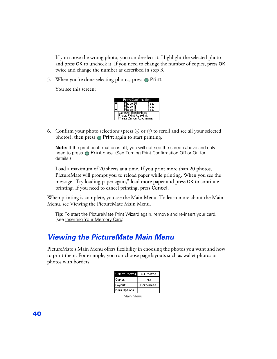 Viewing the picturemate main menu, Viewing the picturemate main menu 40 | Epson PictureMate User Manual | Page 41 / 126