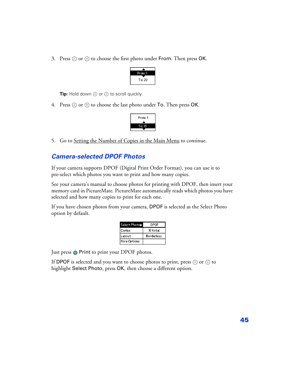 Camera-selected dpof photos | Epson PictureMate User Manual | Page 46 / 126