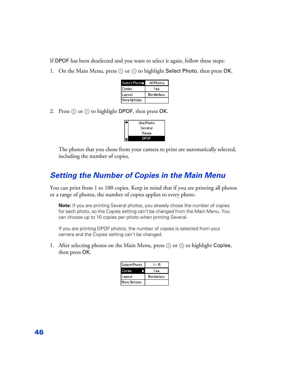 Setting the number of copies in the main menu, Setting the number of copies in the main menu 46 | Epson PictureMate User Manual | Page 47 / 126