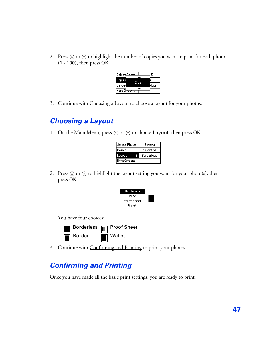 Choosing a layout, Confirming and printing, Choosing a layout 47 | Confirming and printing 47 | Epson PictureMate User Manual | Page 48 / 126