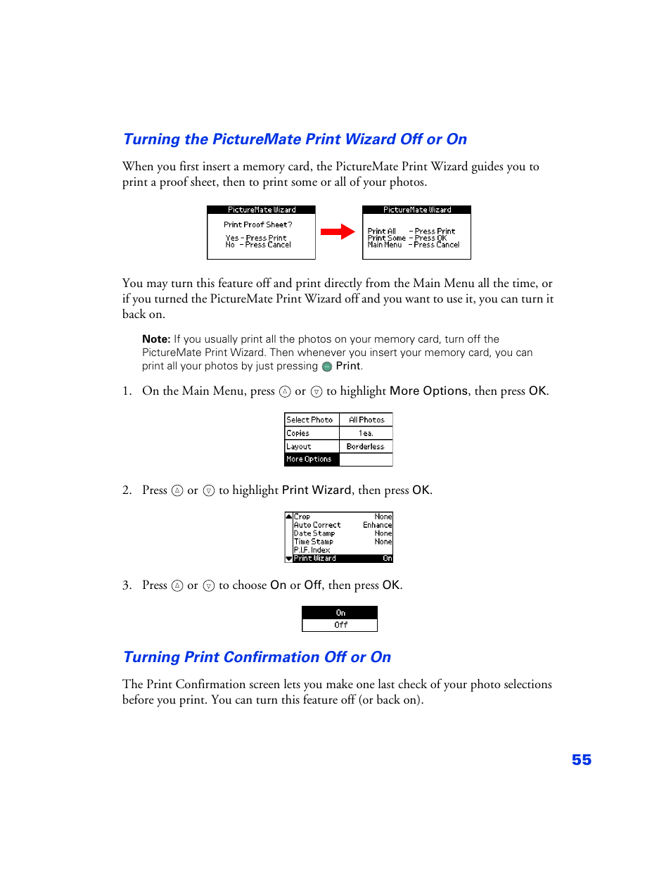 Turning the picturemate print wizard off or on, Turning print confirmation off or on | Epson PictureMate User Manual | Page 56 / 126