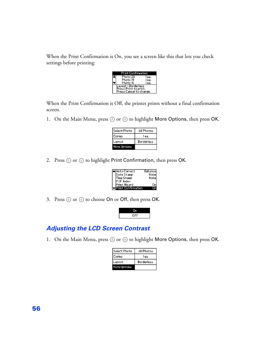 Adjusting the lcd screen contrast | Epson PictureMate User Manual | Page 57 / 126