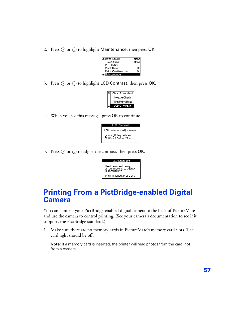 Printing from a pictbridge-enabled digital camera | Epson PictureMate User Manual | Page 58 / 126