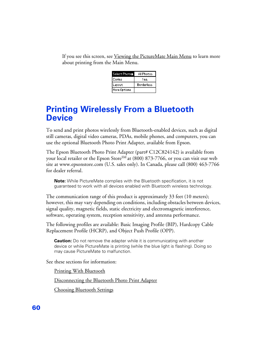 Printing wirelessly from a bluetooth device, Printing wirelessly from a bluetooth device 60 | Epson PictureMate User Manual | Page 61 / 126