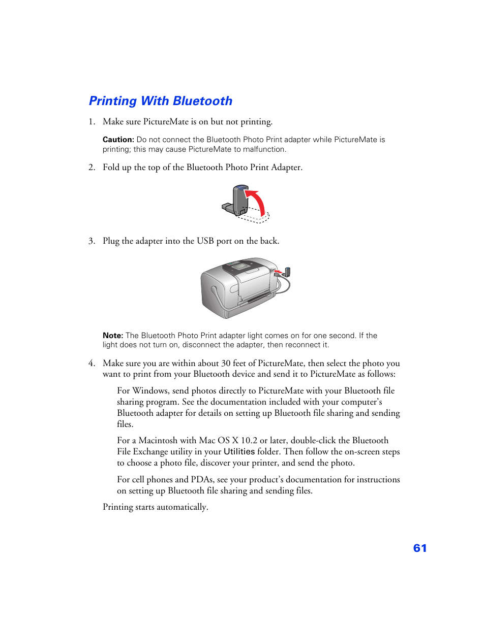 Printing with bluetooth, Printing with bluetooth 61 | Epson PictureMate User Manual | Page 62 / 126