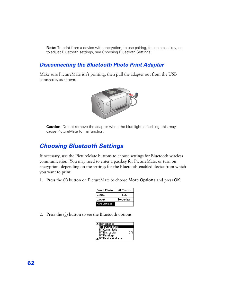 Choosing bluetooth settings, Choosing bluetooth settings 62, Disconnecting the bluetooth photo print adapter | Epson PictureMate User Manual | Page 63 / 126