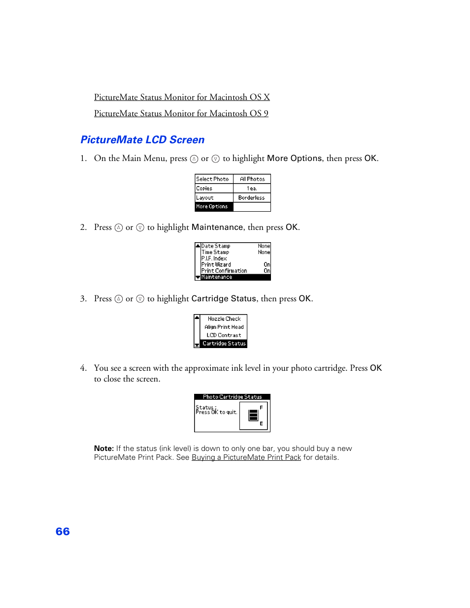 Picturemate lcd screen | Epson PictureMate User Manual | Page 67 / 126