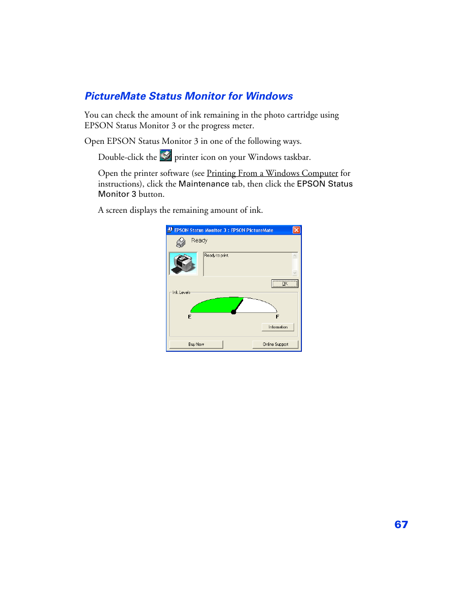 Picturemate status monitor for windows | Epson PictureMate User Manual | Page 68 / 126