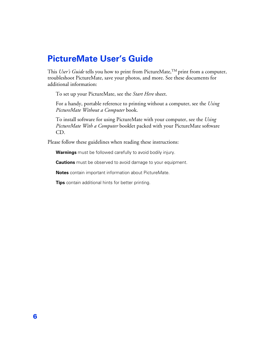 Picturemate user’s guide, Picturemate user’s guide 6 | Epson PictureMate User Manual | Page 7 / 126