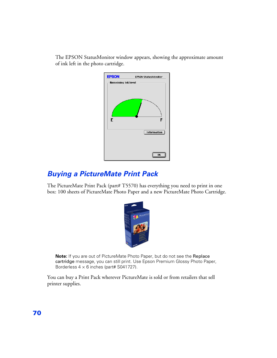 Buying a picturemate print pack, Buying a picturemate print pack 70 | Epson PictureMate User Manual | Page 71 / 126