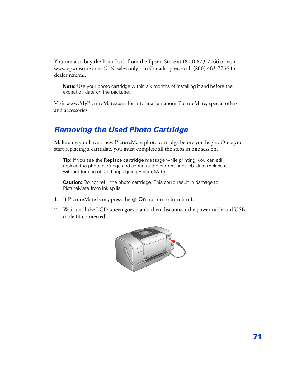 Removing the used photo cartridge, Removing the used photo cartridge 71 | Epson PictureMate User Manual | Page 72 / 126