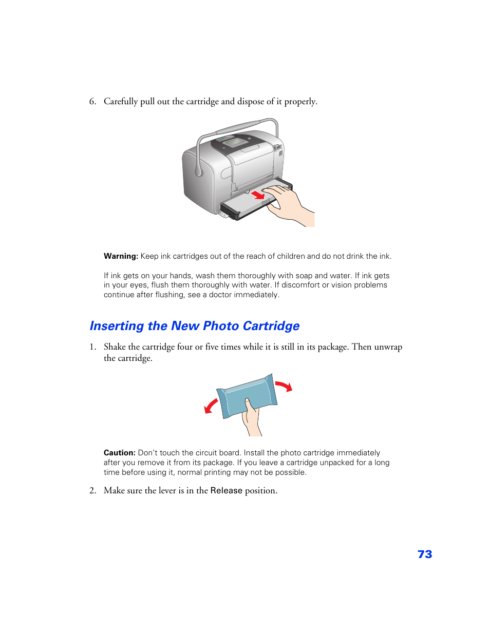 Inserting the new photo cartridge, Inserting the new photo cartridge 73 | Epson PictureMate User Manual | Page 74 / 126