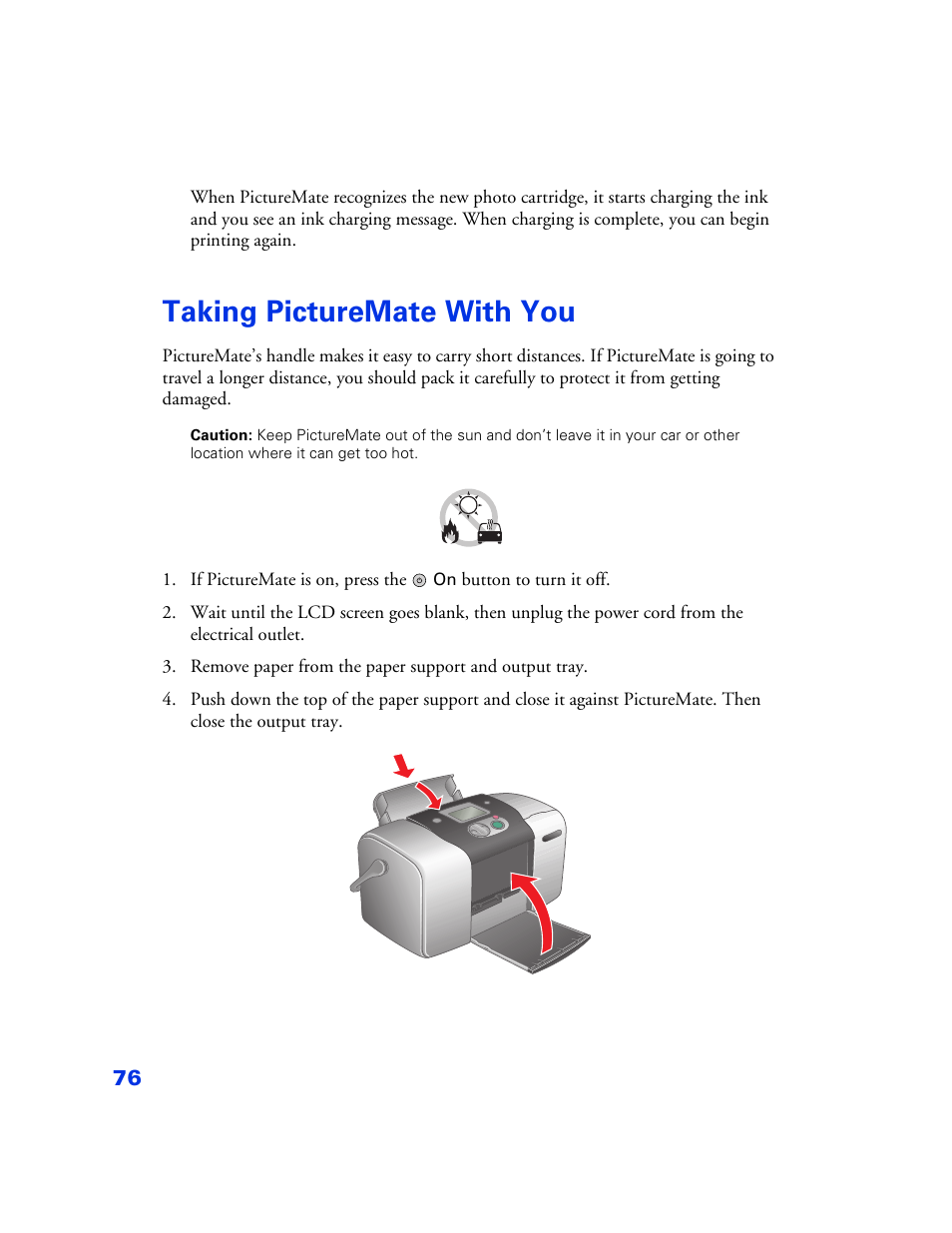 Taking picturemate with you, Taking picturemate with you 76 | Epson PictureMate User Manual | Page 77 / 126
