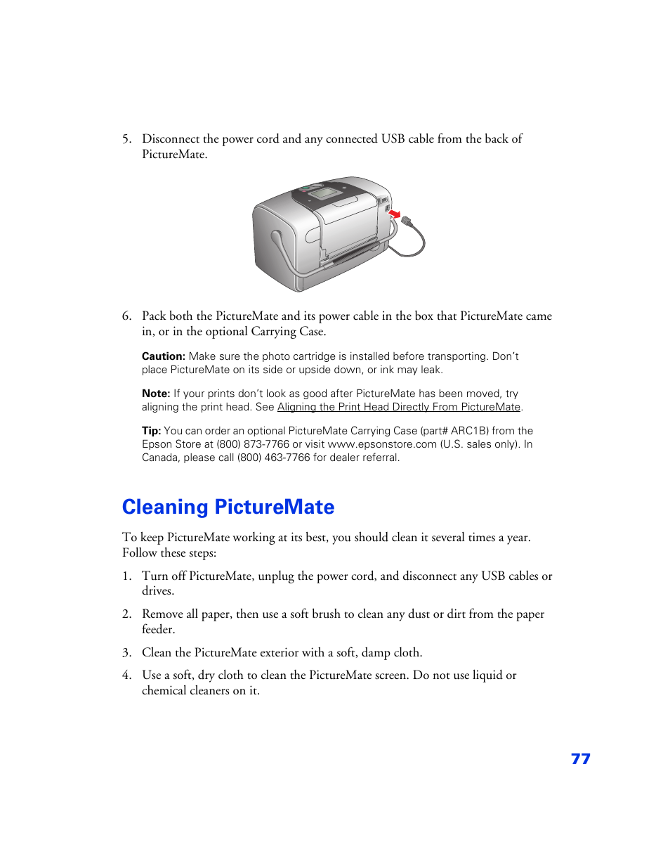 Cleaning picturemate, Cleaning picturemate 77 | Epson PictureMate User Manual | Page 78 / 126
