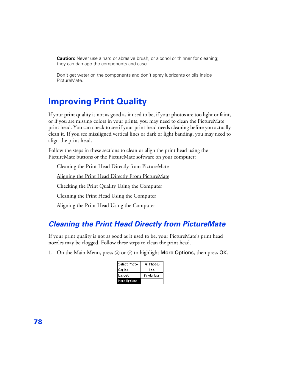 Improving print quality, Cleaning the print head directly from picturemate, Improving print quality 78 | Epson PictureMate User Manual | Page 79 / 126