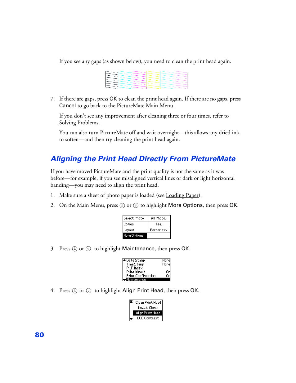 Aligning the print head directly from picturemate | Epson PictureMate User Manual | Page 81 / 126