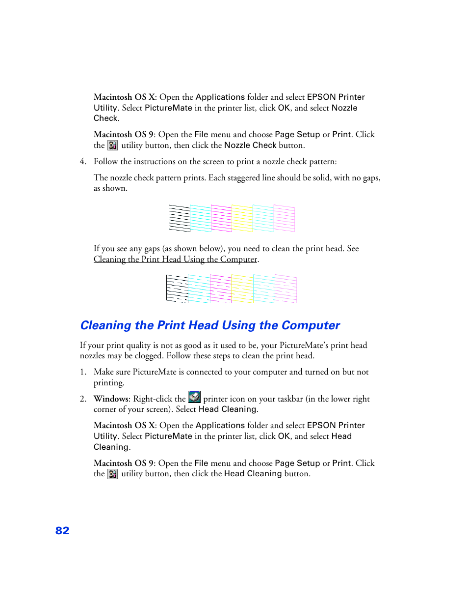 Cleaning the print head using the computer, Cleaning the print head using the computer 82 | Epson PictureMate User Manual | Page 83 / 126