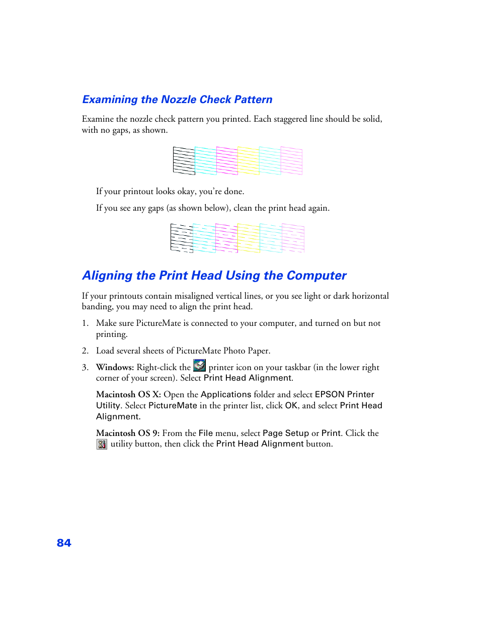 Aligning the print head using the computer, Aligning the print head using the computer 84 | Epson PictureMate User Manual | Page 85 / 126