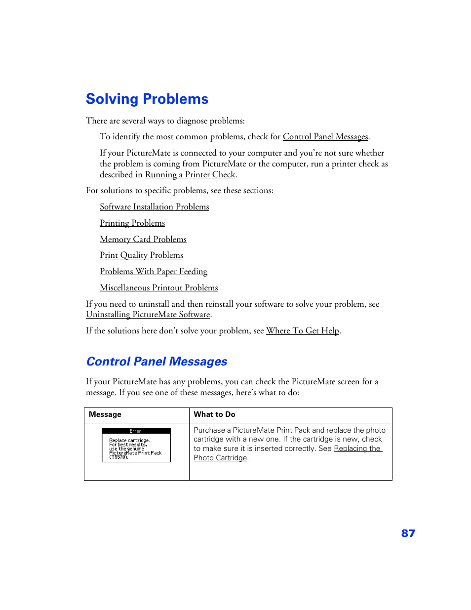 Solving problems, Control panel messages, Solving problems 87 | Control panel messages 87 | Epson PictureMate User Manual | Page 88 / 126