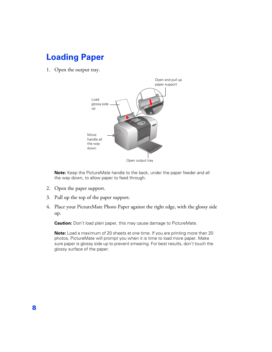 Loading paper, Loading paper 8 | Epson PictureMate User Manual | Page 9 / 126