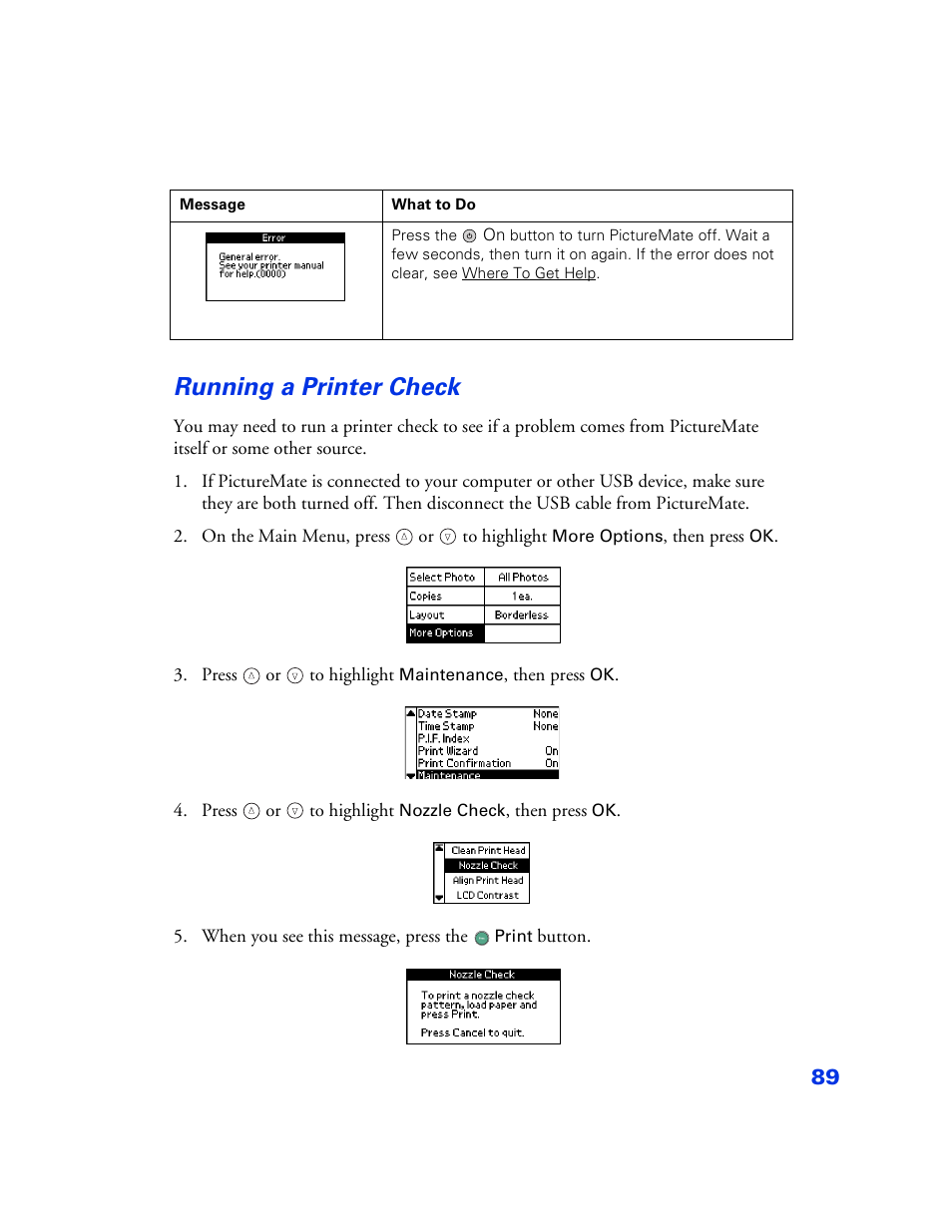 Running a printer check, Running a printer check 89 | Epson PictureMate User Manual | Page 90 / 126