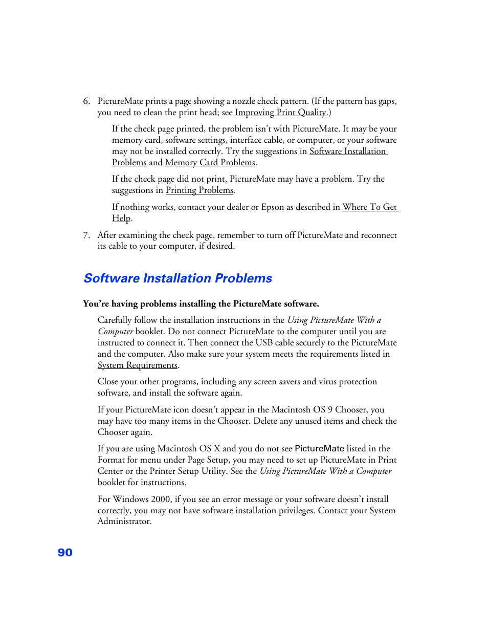 Software installation problems, Software installation problems 90 | Epson PictureMate User Manual | Page 91 / 126