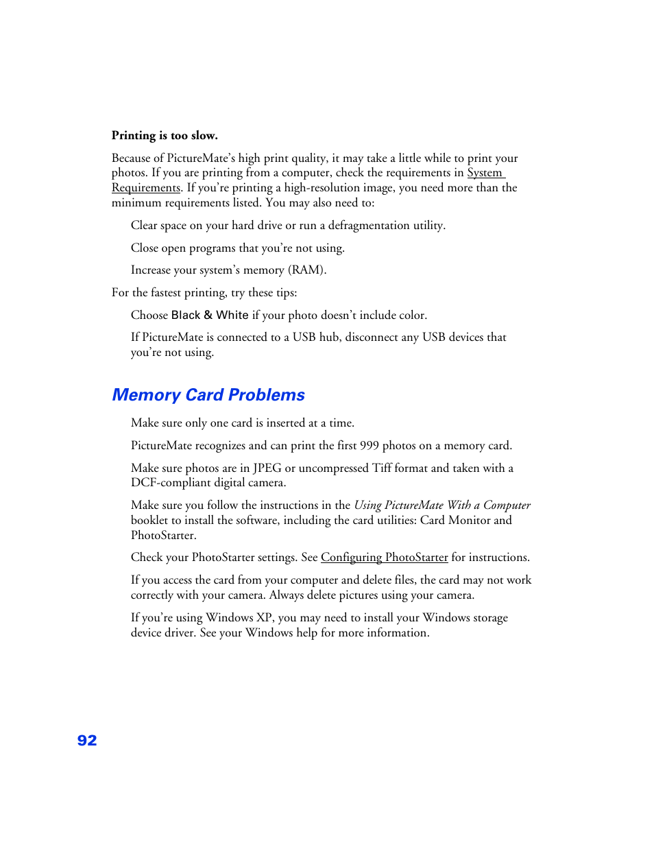 Memory card problems, Memory card problems 92, Mory card problems | Epson PictureMate User Manual | Page 93 / 126