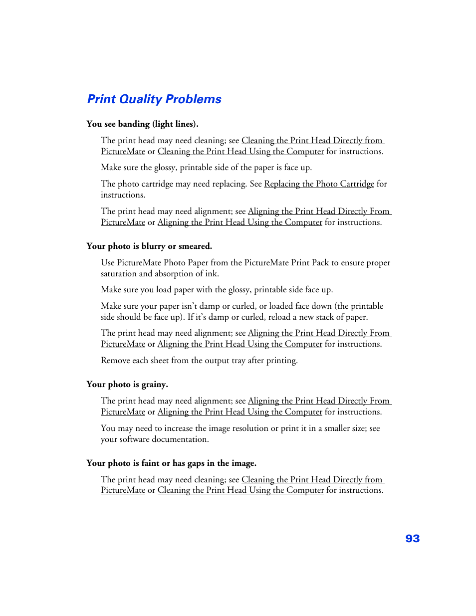 Print quality problems, Print quality problems 93 | Epson PictureMate User Manual | Page 94 / 126