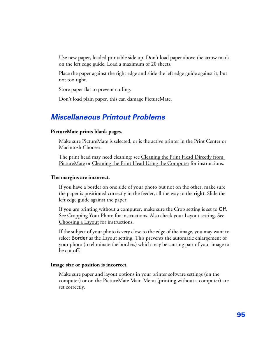 Miscellaneous printout problems, Miscellaneous printout problems 95 | Epson PictureMate User Manual | Page 96 / 126